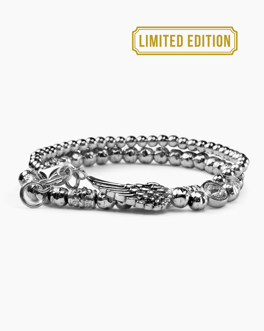 Doppelt drehbares Herrenarmband in Silber mit kleinen und großen Kugeln und individuellem Flügelanhänger